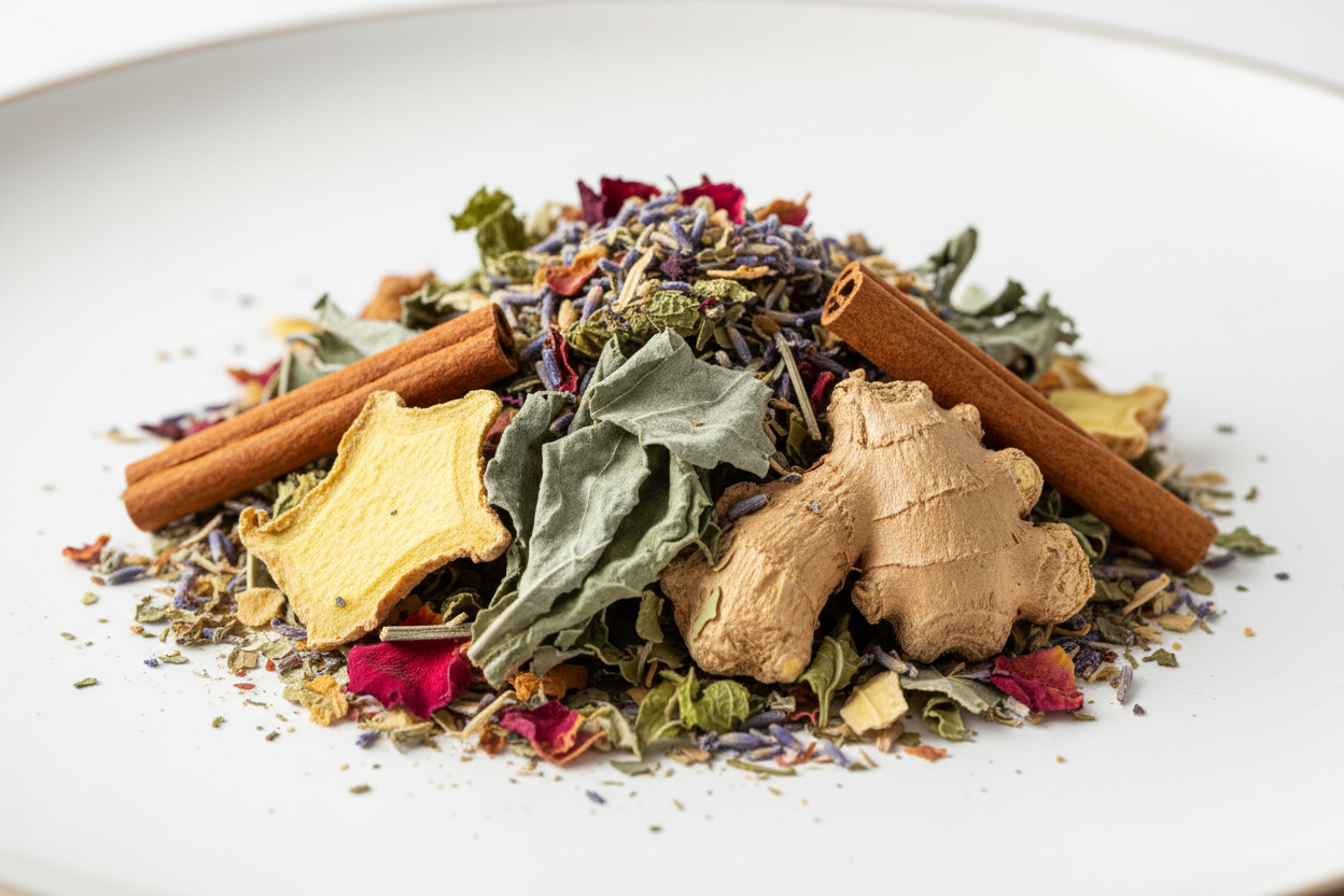 a studio picture that highlights loose leaf tea with ginger, cinnamon, mullein and other herbs